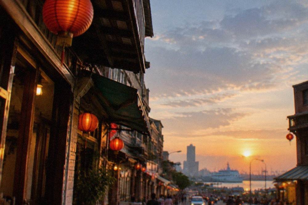 Evening view of a historic Tainan street with lanterns and old shopfronts