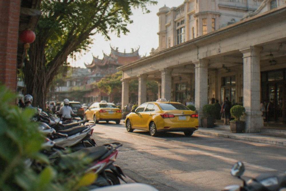 Historic red-brick walls and a courtyard in old Tainan at golden hour