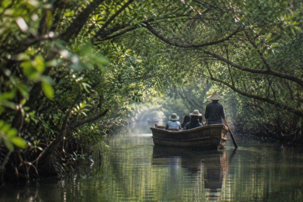 A wooden boat gliding through a narrow mangrove tunnel on the Tainan lagoon coast