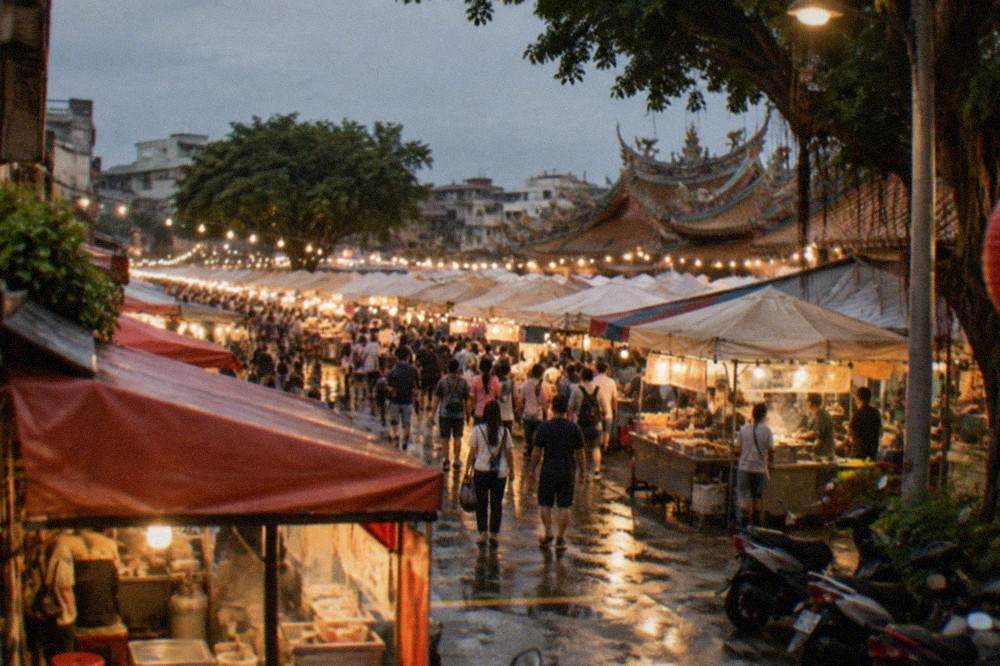 A covered Taiwanese night market aisle with food stalls lit up in the evening