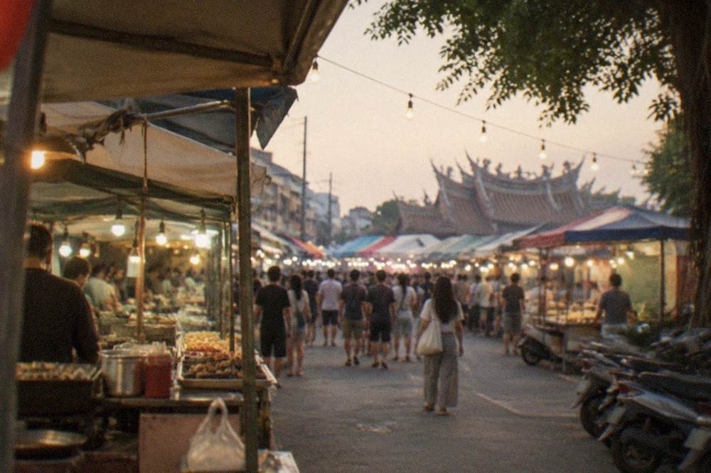 A busy Tainan night market aisle with food stalls and glowing lights in the evening