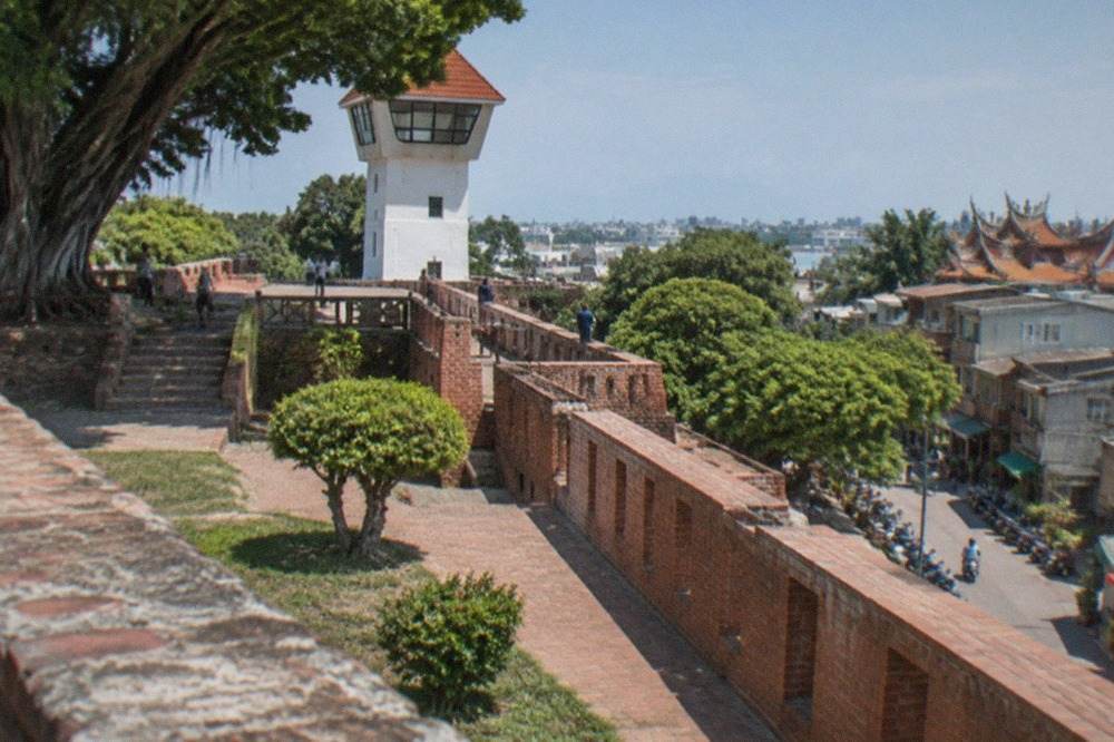 Old brick rampart walls of Anping Old Fort under an open sky in Tainan