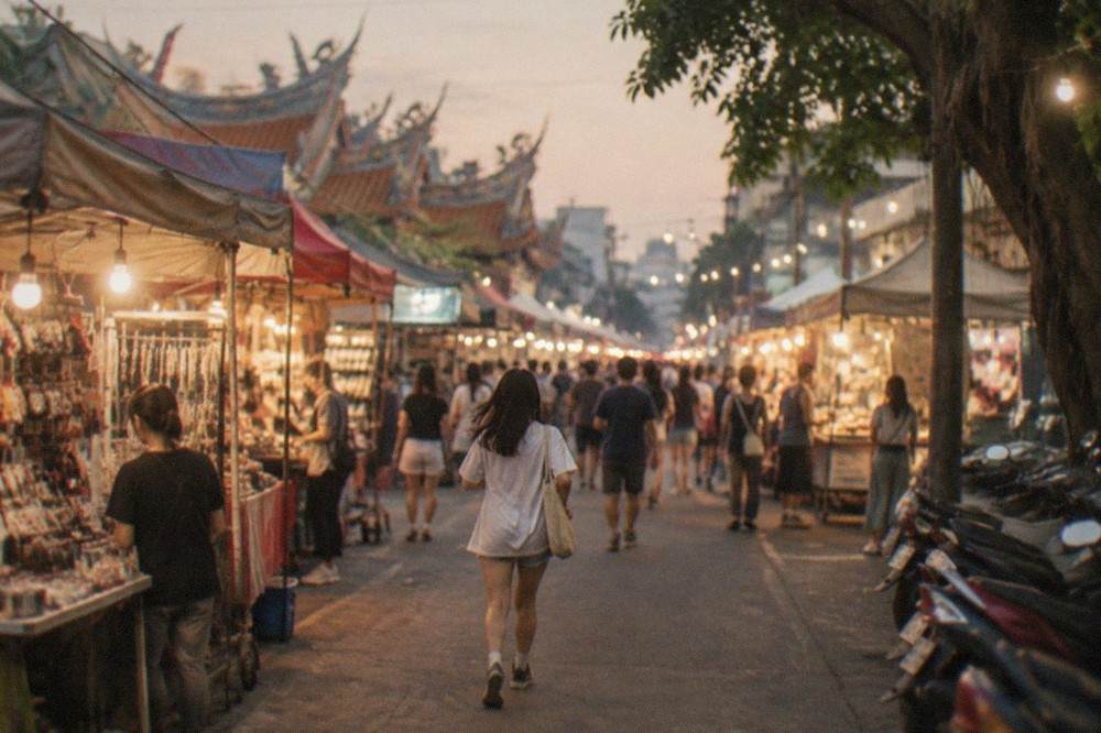 A crowded Taiwanese night market aisle lit by warm stall lights in the evening