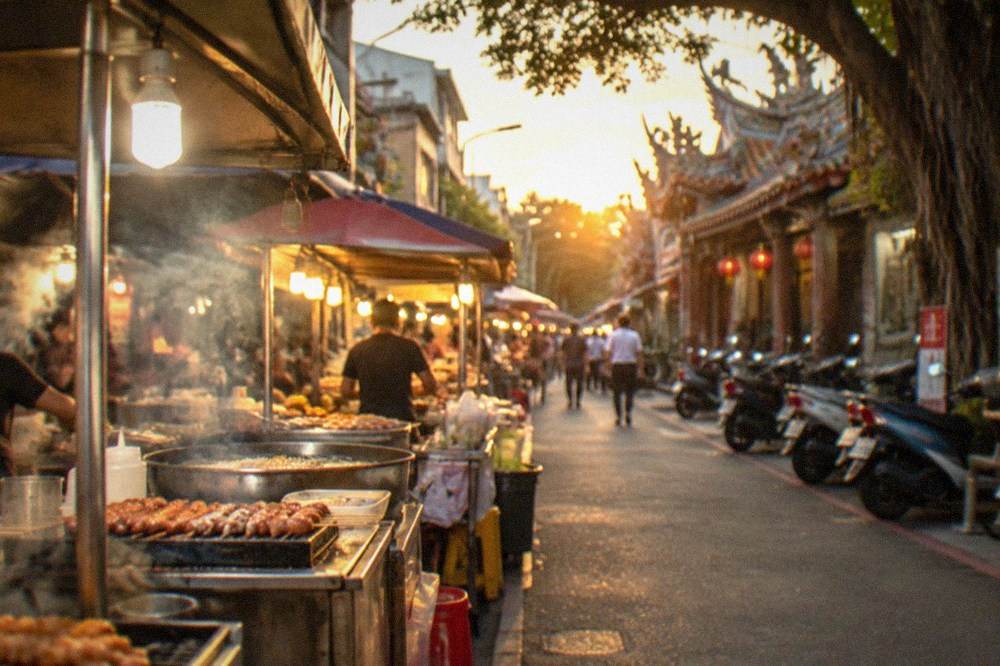 Food stalls grilling and frying under bright lights at a Tainan night market