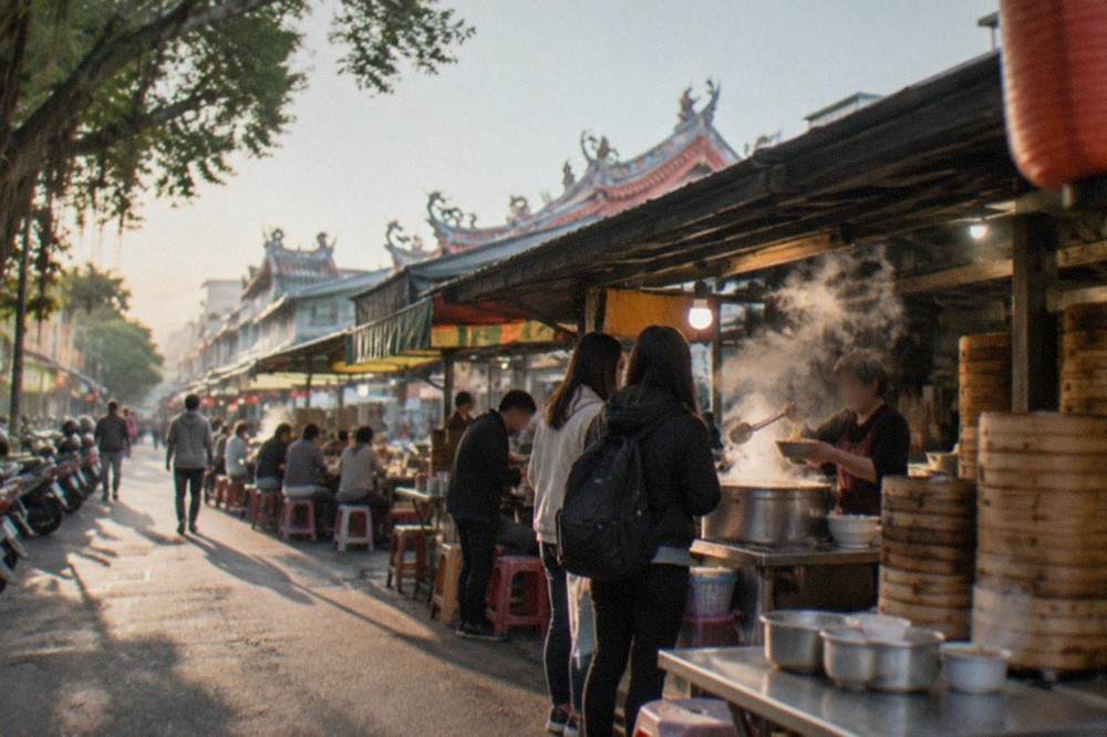 Steam rising from a stall pot as a vendor serves noodles to waiting customers