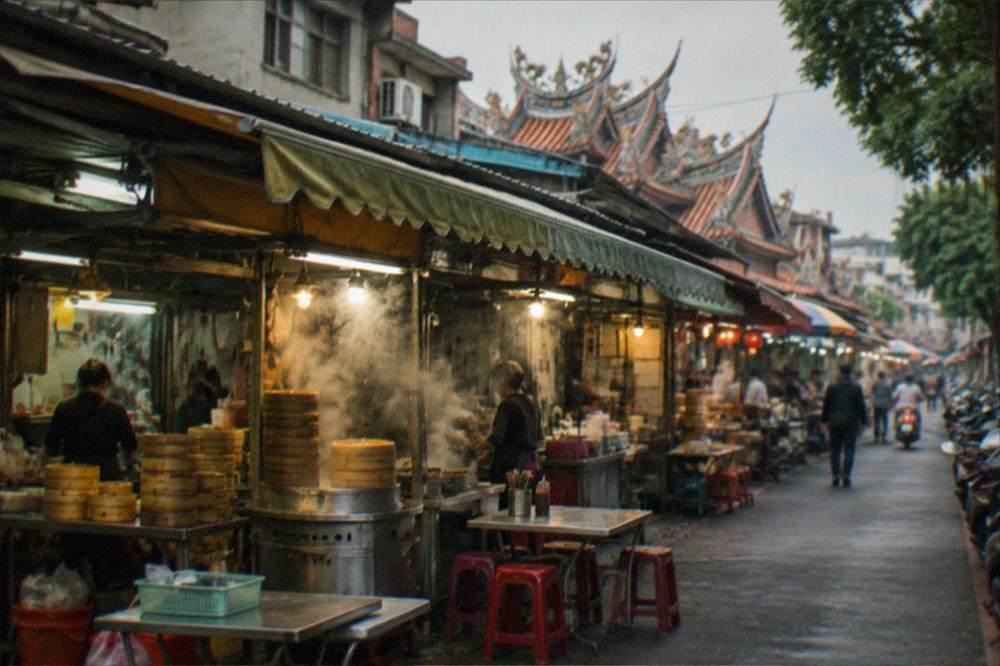 A historic Tainan streetscape with a temple roofline visible above the shopfronts