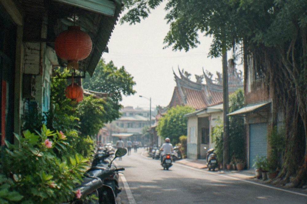 A narrow country road running between flooded rice paddies and scattered farmhouses