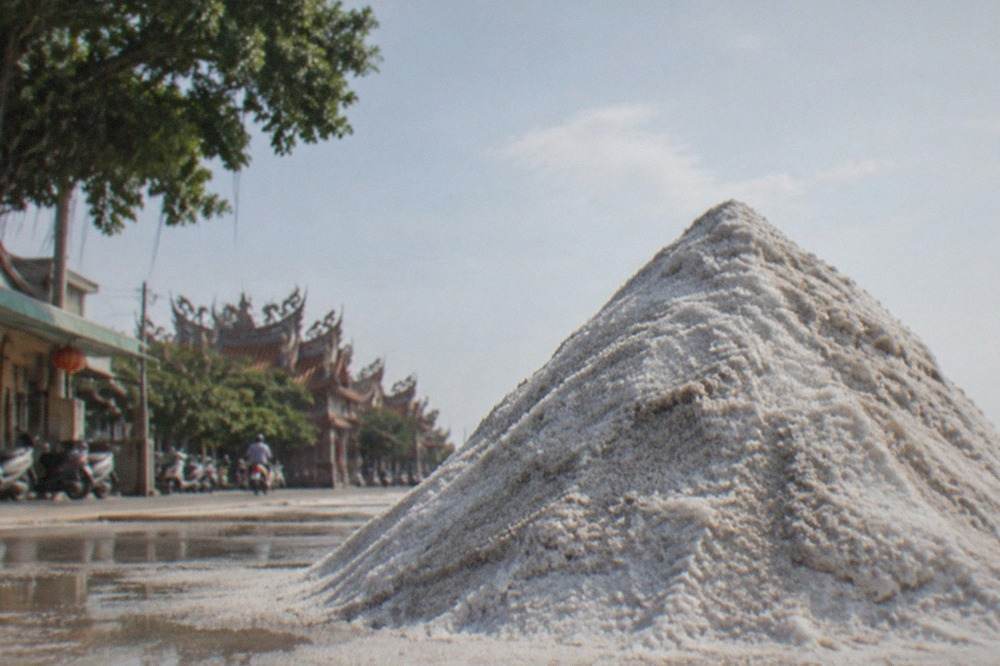 A white salt mountain rising above flat coastal fields in Qigu District