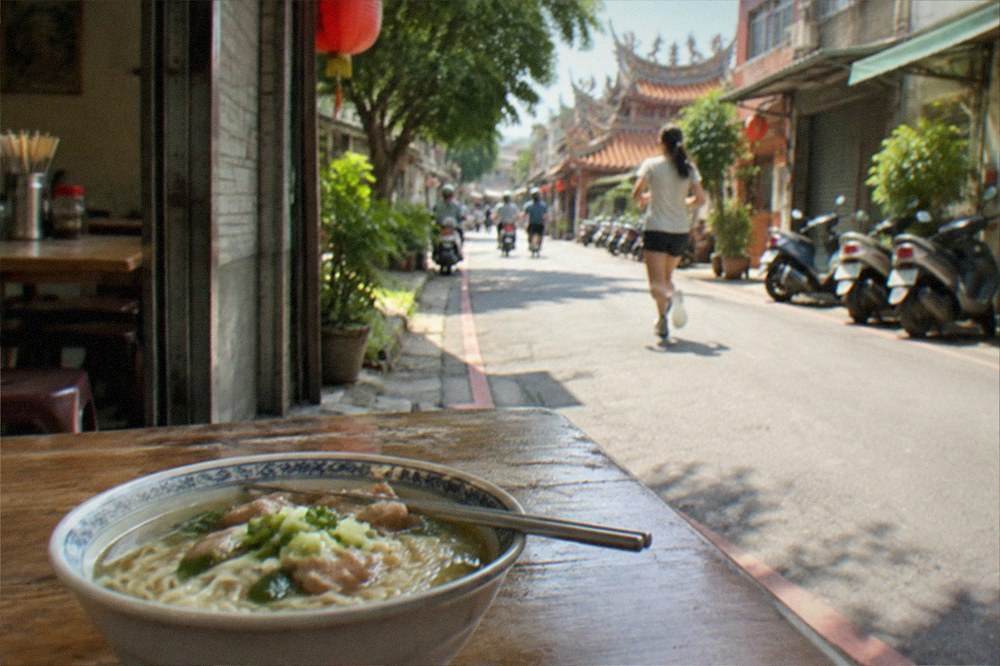 A bowl of noodles on a wooden table in a small Taiwanese eatery