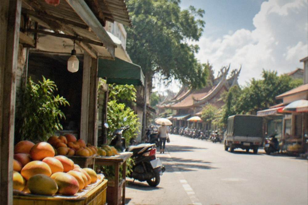 A small town street in Yujing with low shopfronts and mango stalls in summer