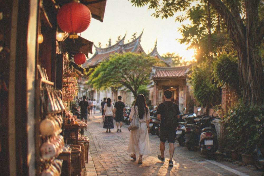 Visitors walking a narrow brick lane between small souvenir shops in Anping