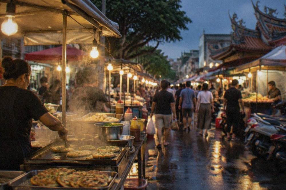 A crowded night market aisle lit by strings of yellow stall lights, with food vendors and shoppers under the evening sky