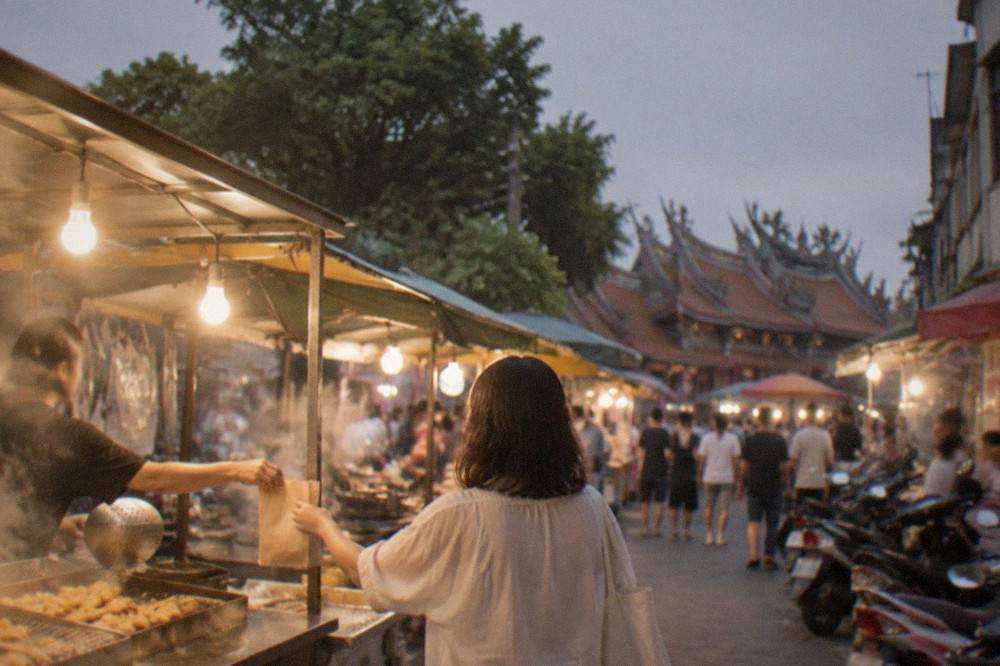 A vendor handing a paper bag of fried snacks across a stall counter to a customer at night