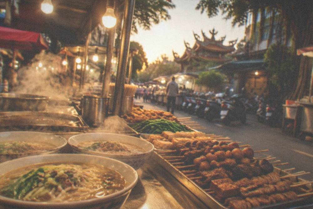 Close-up of steaming noodle bowls and skewers arranged on a night market food stall counter