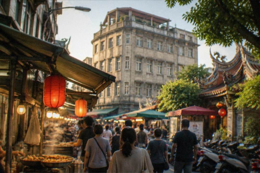A busy night market aisle lit by stall lights with crowds browsing food stands