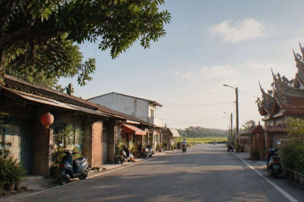A rural Taiwanese road lined with fields and low houses under a wide sky