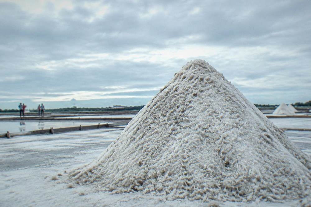 A wide view of white salt terrain with flat fishponds and a distant treeline under scattered clouds