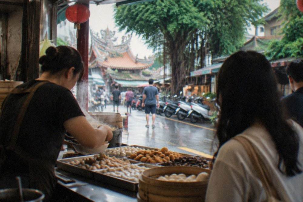 An indoor food stall counter with steaming snack trays and a vendor serving customers