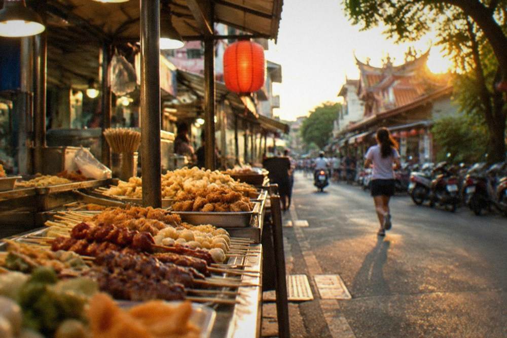 Skewers and fried snacks displayed at a stall counter inside a covered market