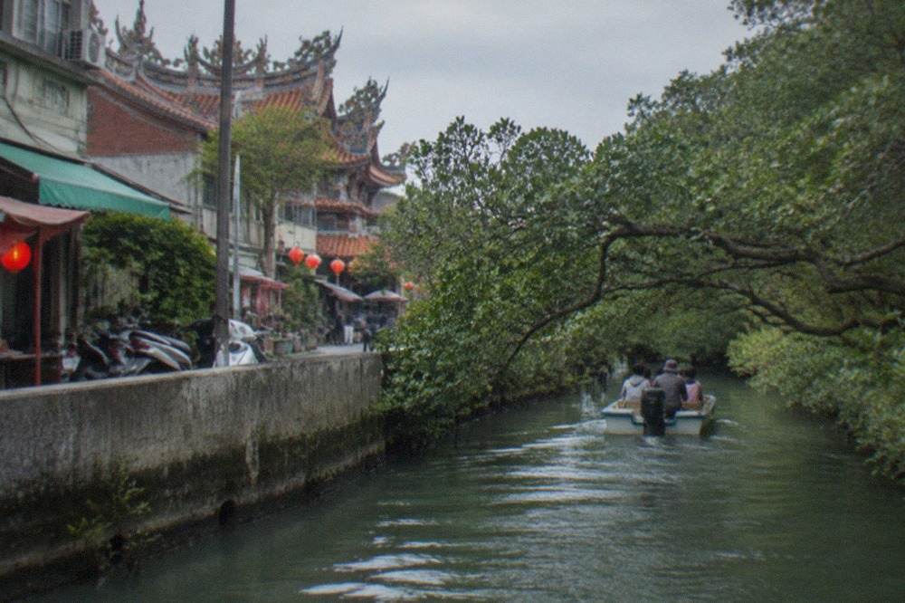 Mangrove trees arching over a narrow green waterway with a small open boat passing beneath them