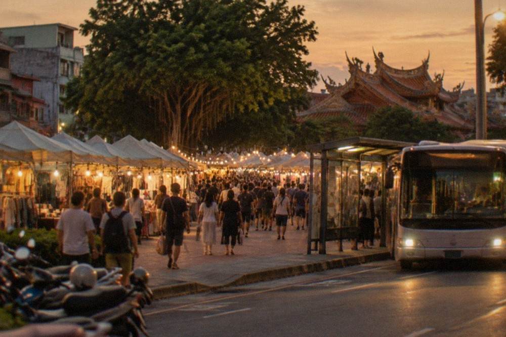 A city bus parked at a lit bus stop on a wide road at night