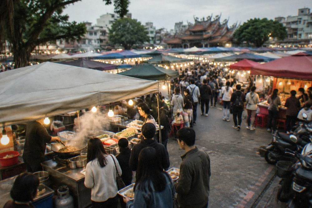 A night market food stall with a steaming wok and a queue of customers holding trays