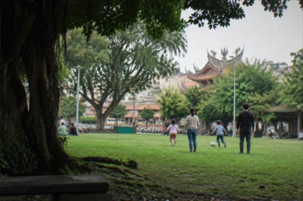 A family with children playing on a grassy park lawn under trees