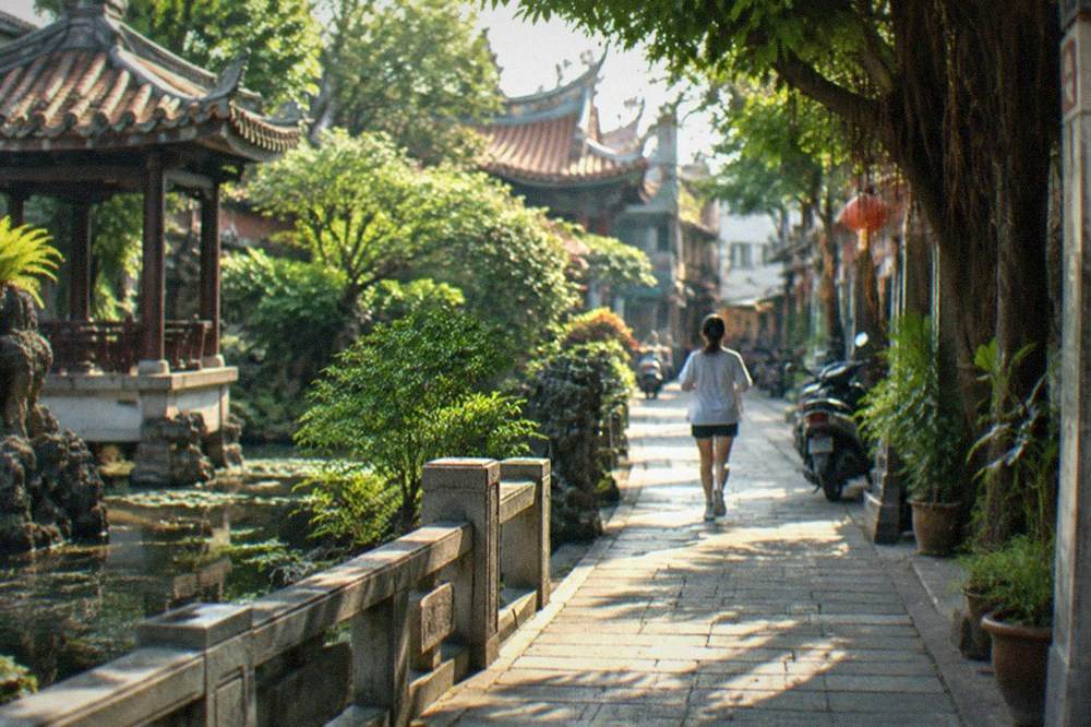 A shaded garden walkway in Tainan with stone paving and green foliage
