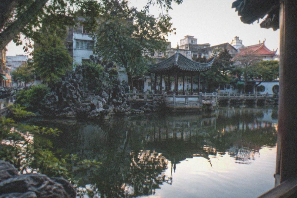 A calm garden pond at dusk with reflections of trees in Tainan