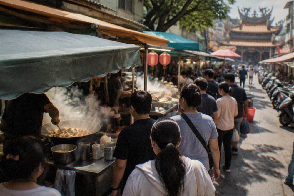 Night market food stall with steaming wok and queue of customers