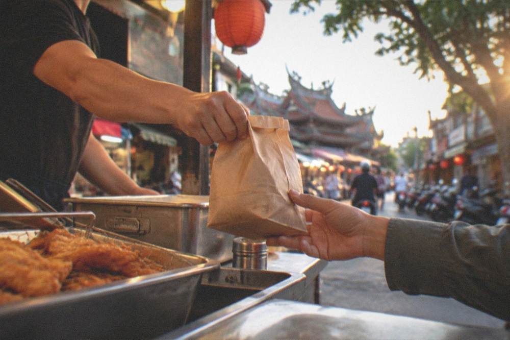 Stall keeper handing a paper bag of food across a counter at night
