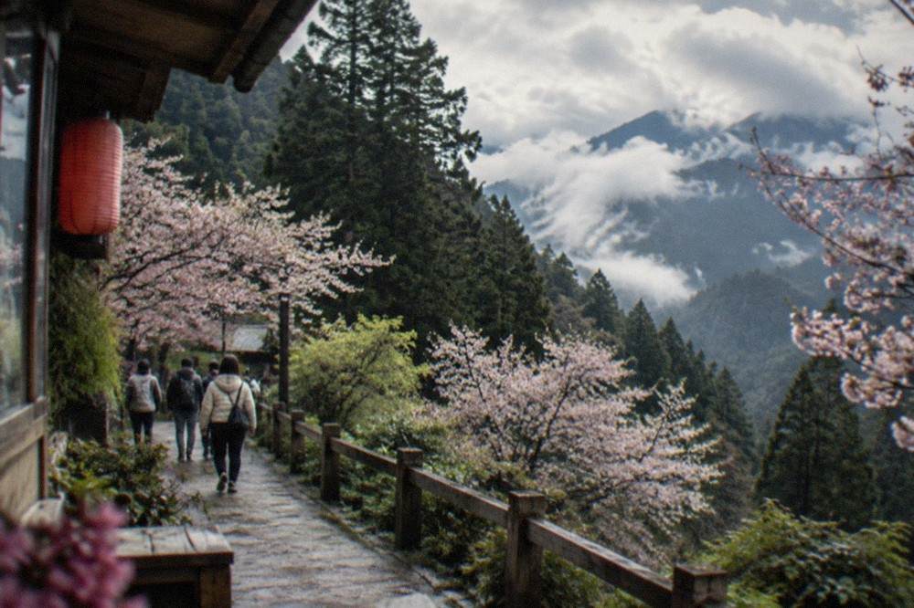 Cherry blossom trees along a mountain walking path with visitors strolling beneath