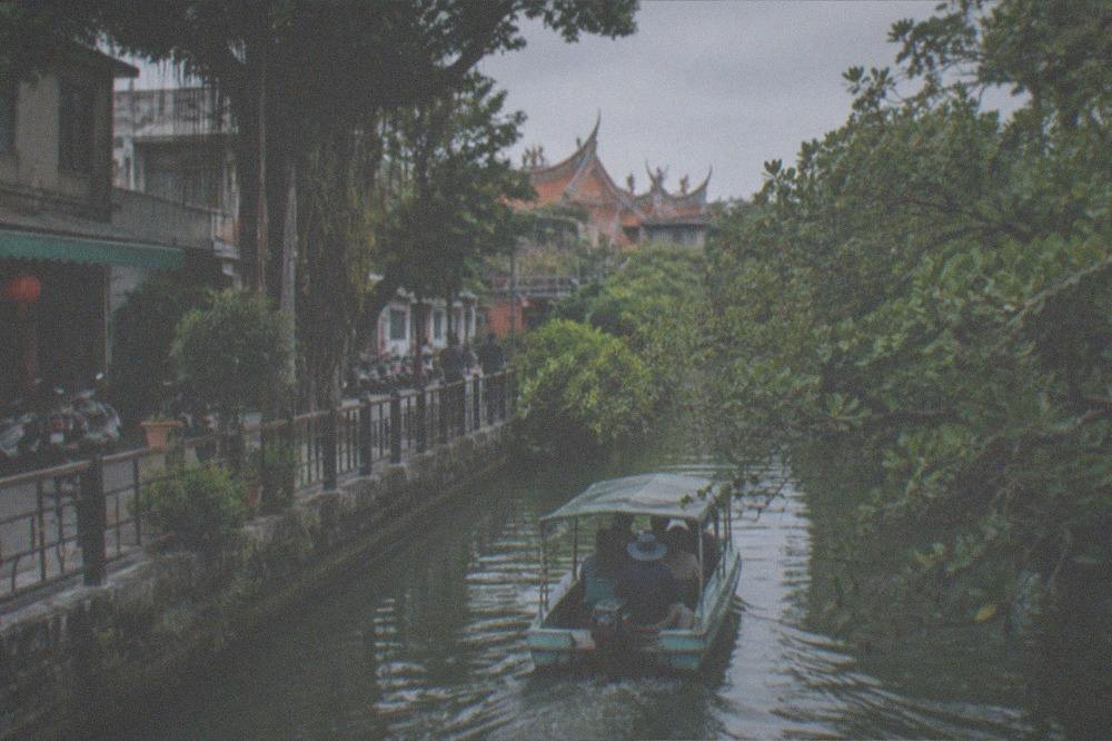 A small open boat passing under mangrove branches along a narrow green waterway