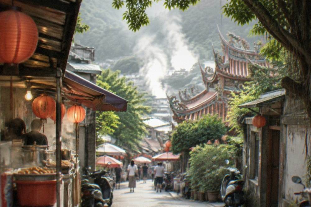 Festival lanterns and food stalls along a street in a hillside town at night