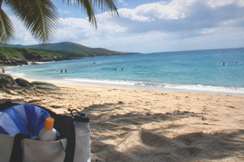 A beach bag with a towel, sunscreen and a water bottle on sand next to palm shade