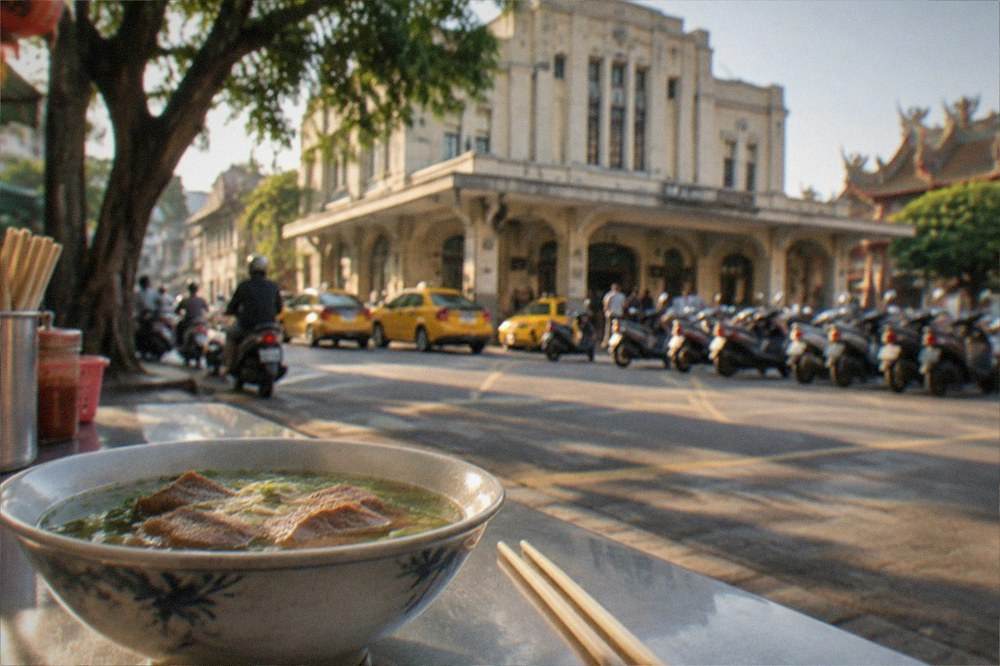 A bowl of Tainan beef soup beside chopsticks on a market table