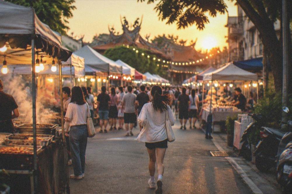A Tainan night market lane lit by stall lights with crowds browsing food stands