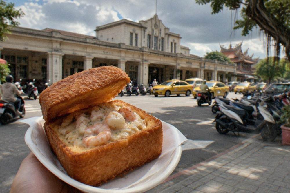 A plate of coffin bread with the lid lifted to show a creamy seafood filling inside the fried toast box