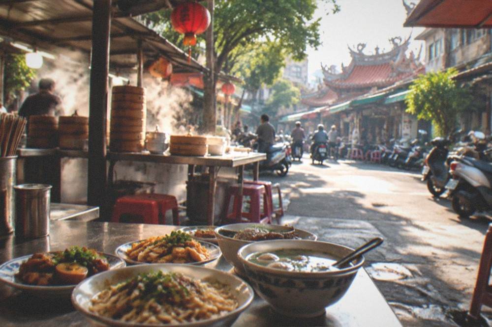 A spread of Tainan snack dishes on a table, including noodle bowls, soup and small plates