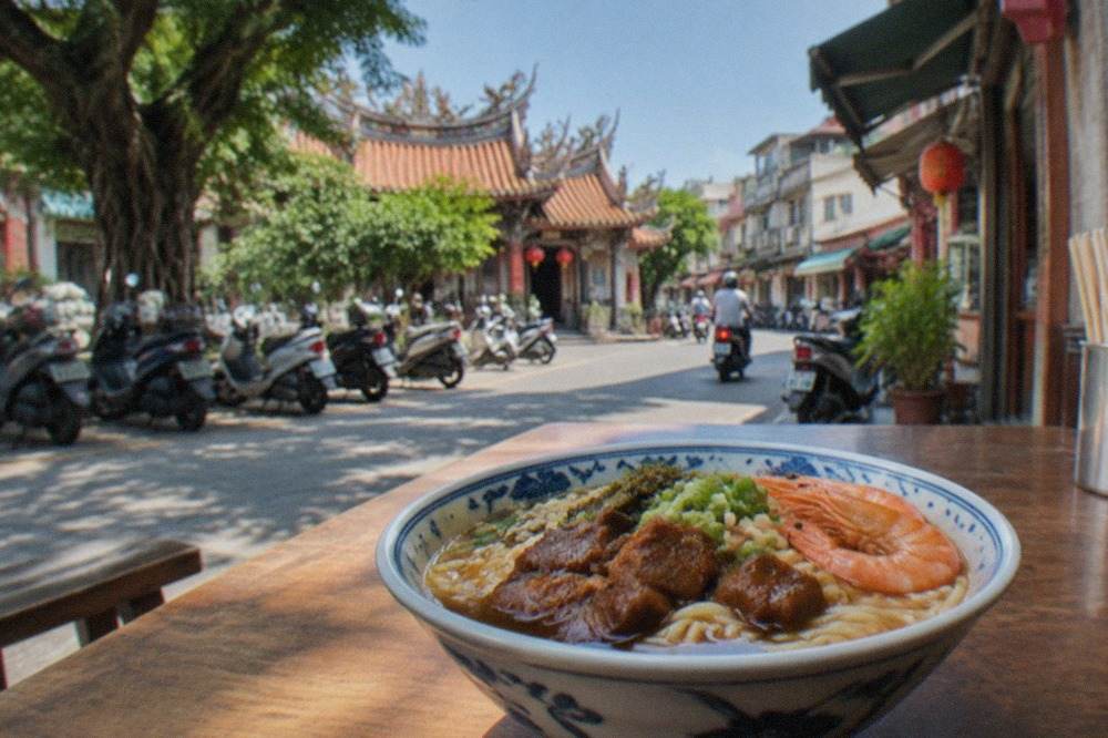 A bowl of danzai noodles with braised pork and shrimp on a wooden table in a Tainan restaurant