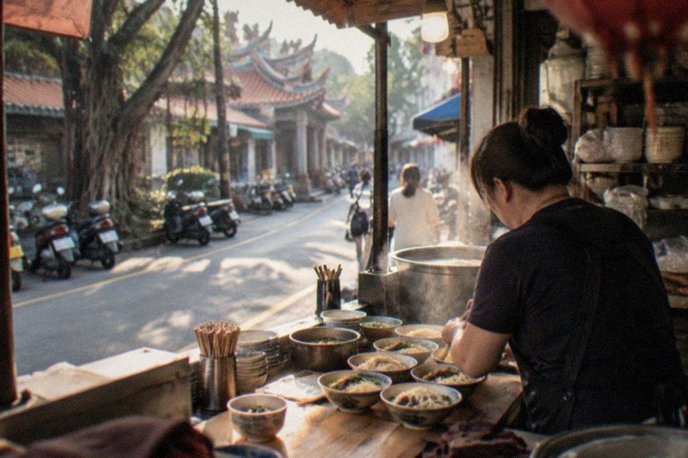 A cook preparing small bowls of noodles behind a wooden counter in a busy Tainan eatery
