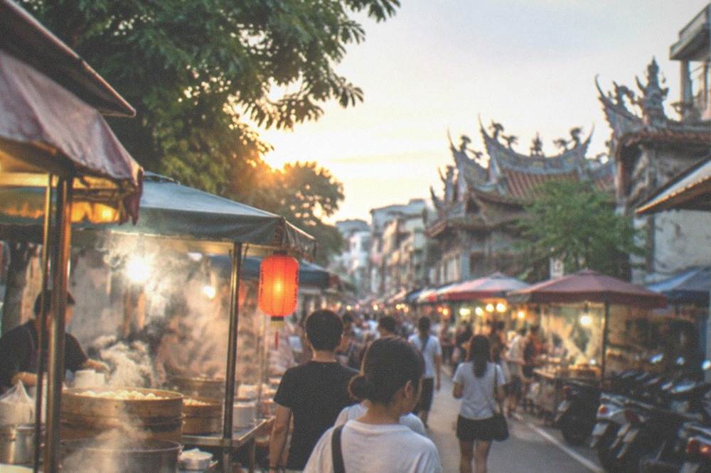 Steaming food stalls along a crowded Tainan night market aisle at dusk