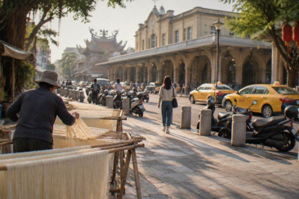 A worker turning strands of noodles on bamboo drying racks outdoors