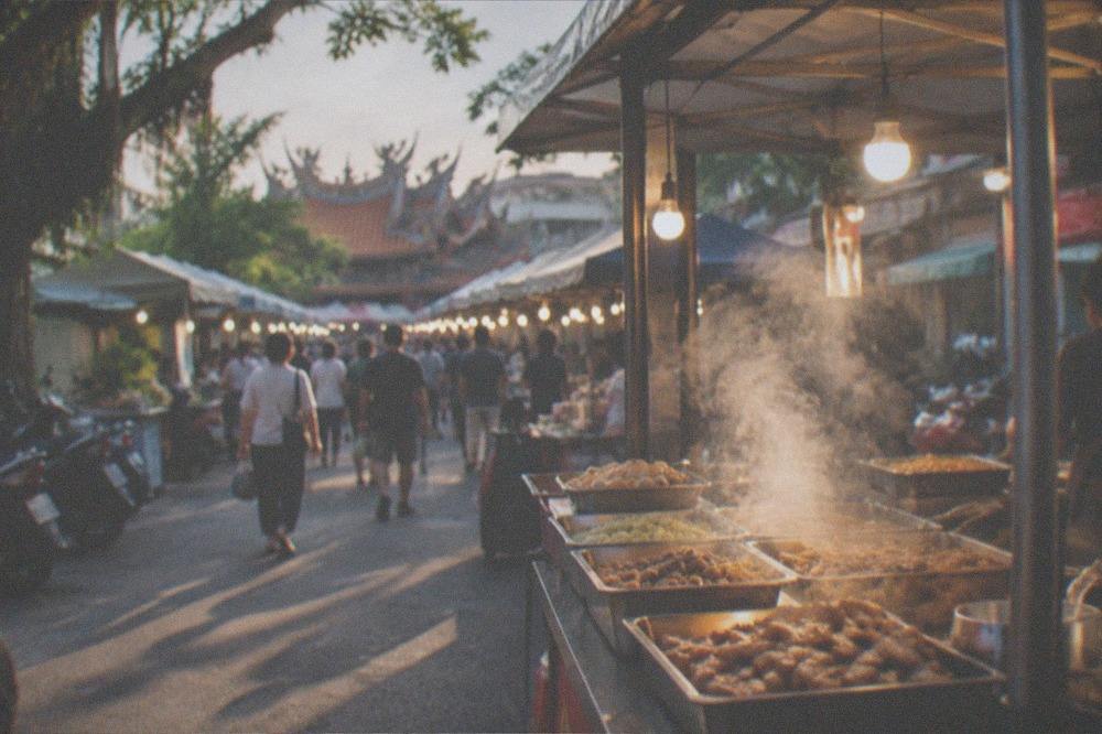 A night market stall with steam rising over trays of cooked food