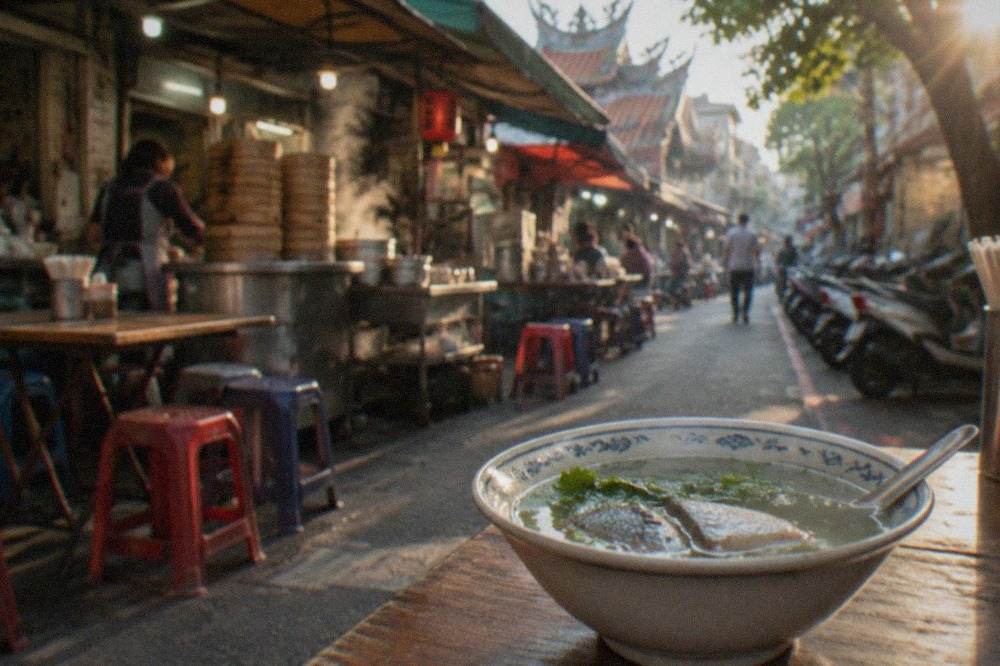 A bowl of clear milkfish soup with fresh herbs on a wooden table in a Tainan eatery