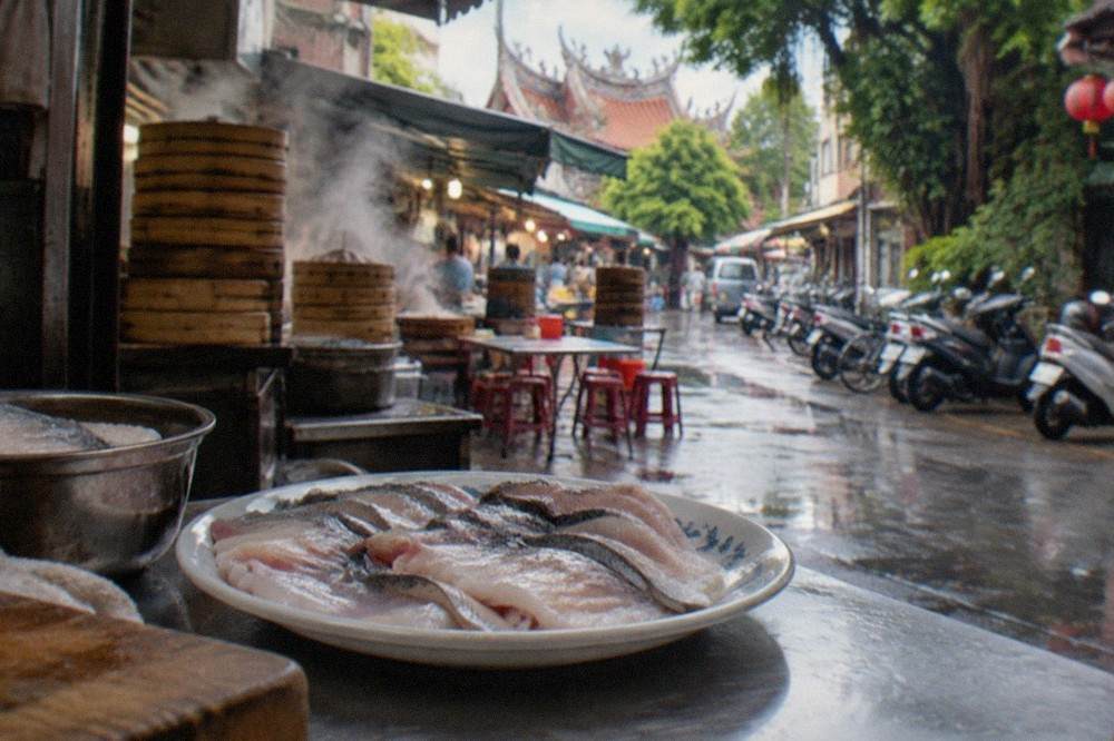 Fresh raw milkfish belly slices arranged on a plate in a Tainan kitchen