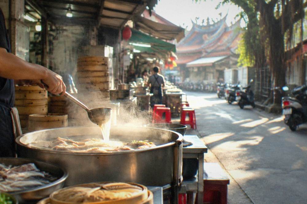 A cook ladling clear broth over milkfish belly in a steaming pot