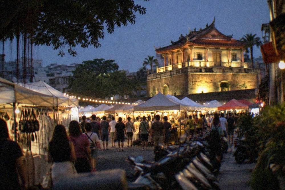 The floodlit walls of Chihkan Tower in central Tainan at night