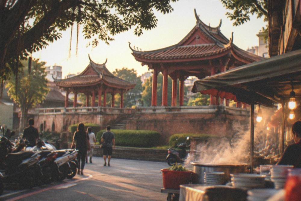 A street food stall in Tainan with steam rising over bowls of soup at night