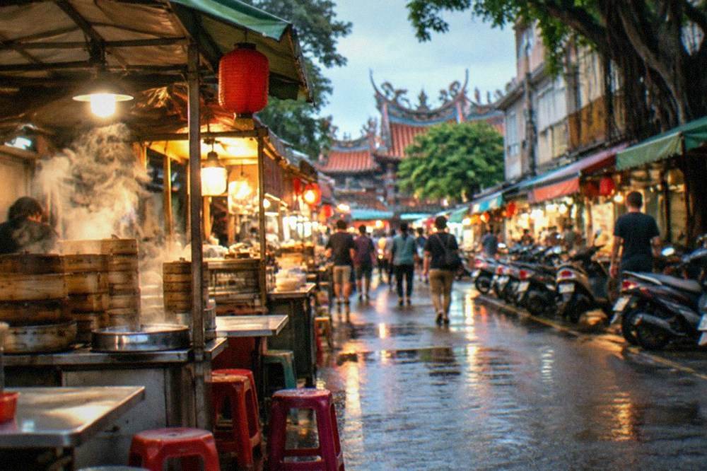 Crowded night market aisles in Tainan lit by warm stall lights at dusk
